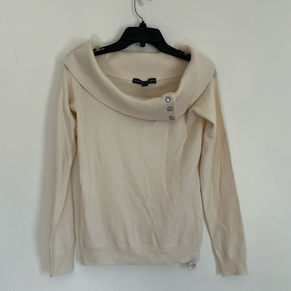 NWT Ralph Lauren Cashmere Blend Off the Shoulder Jewel Button Sweater Medium